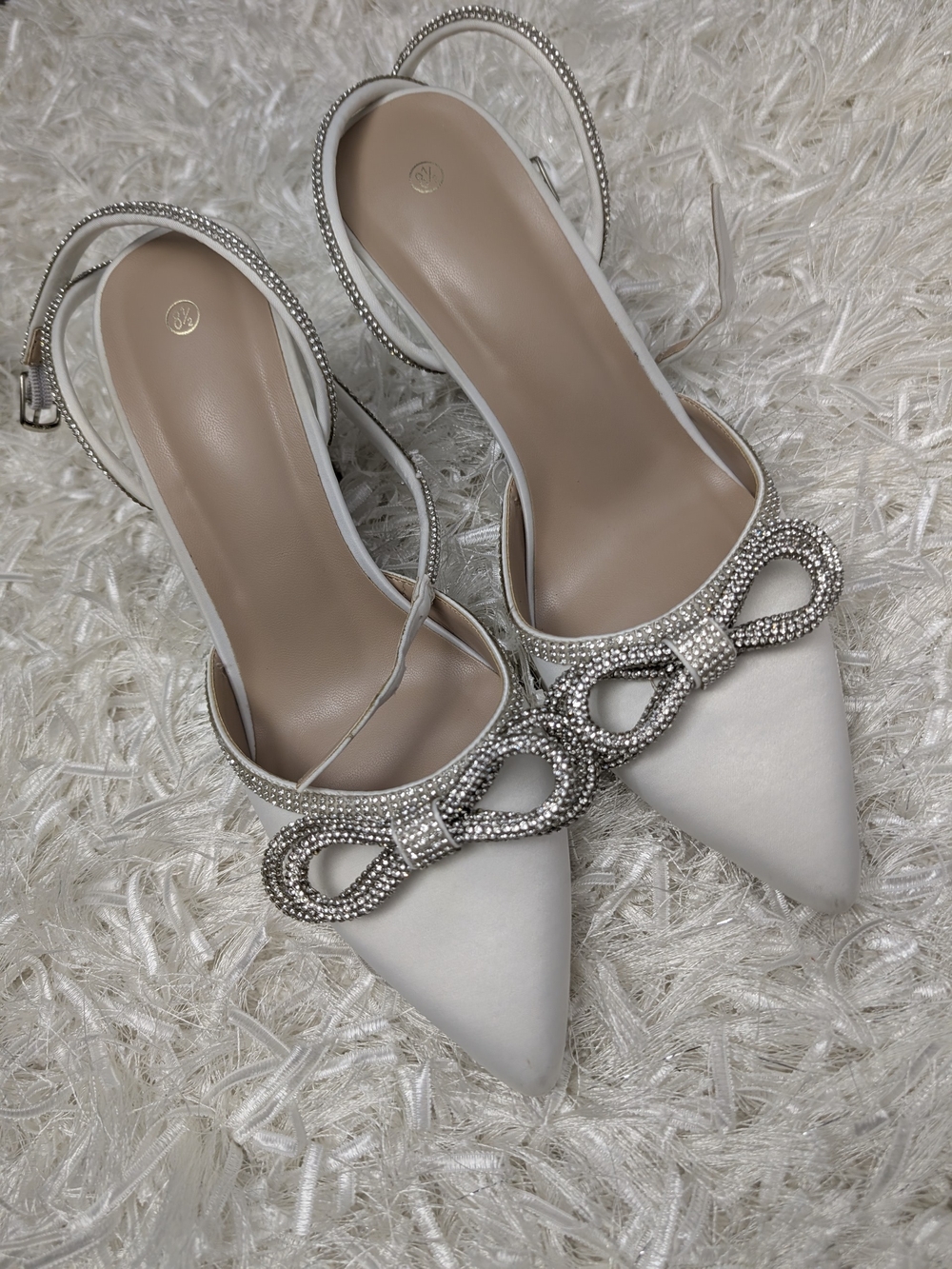 Crystal Bow White Satin Pointed Slingback Heels